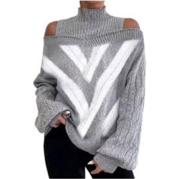 Women's Geometric Cold Shoulder Fisherman Knit Mock Neck Bell Sleeve Sweater 2X - Picture 2 of 5